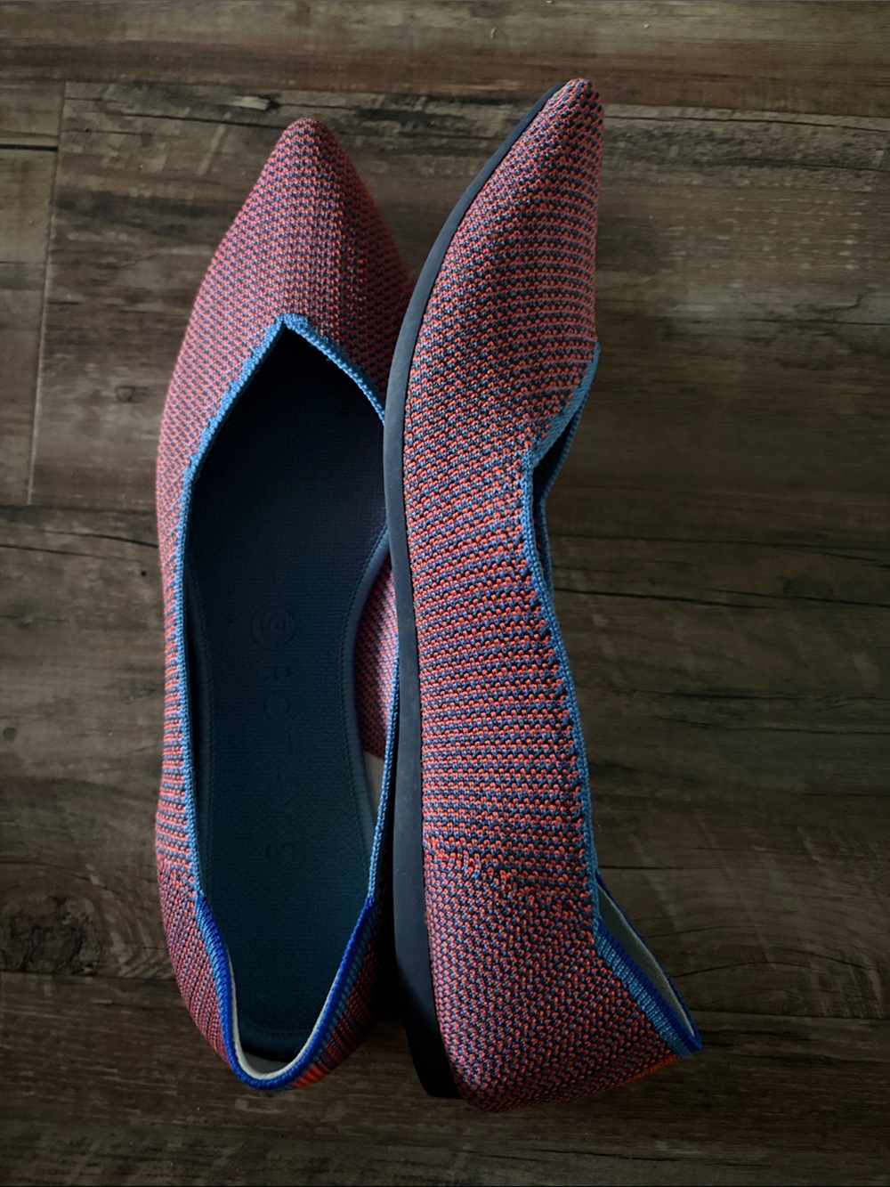 Rothy's Pointed Knit Flats in Coral and Blue Trim